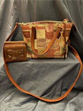 Fossil Leather Patchwork Canvas Shoulder Bag in Brown and Red
